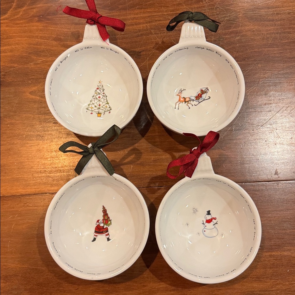 NEW Pottery Barn Holiday Cheer Set Ornament 4 Bowls Santa Tree Christmas Snowman